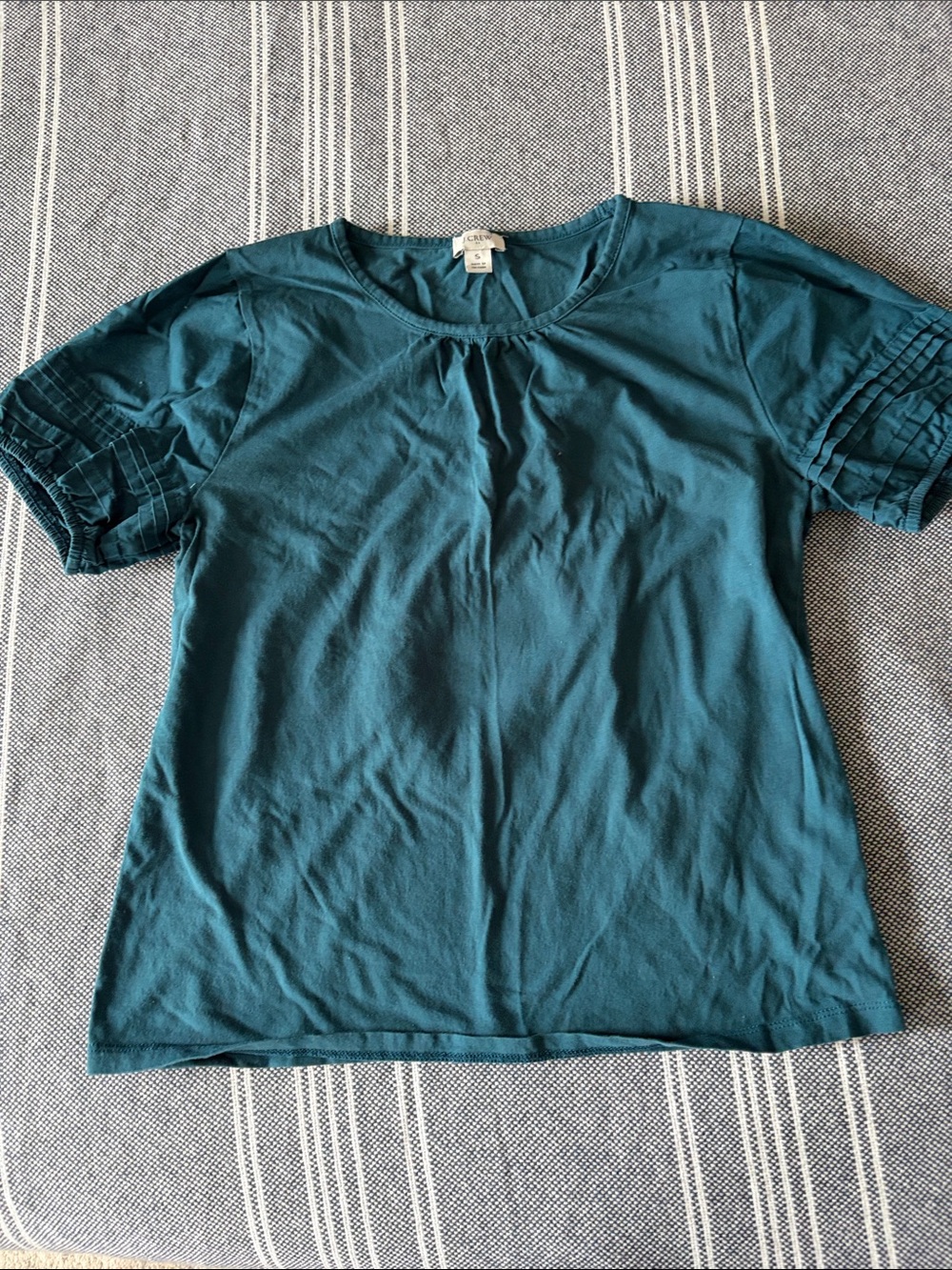 J. Crew Teal Short-Sleeve Tee with Pleated Sleeve Detail